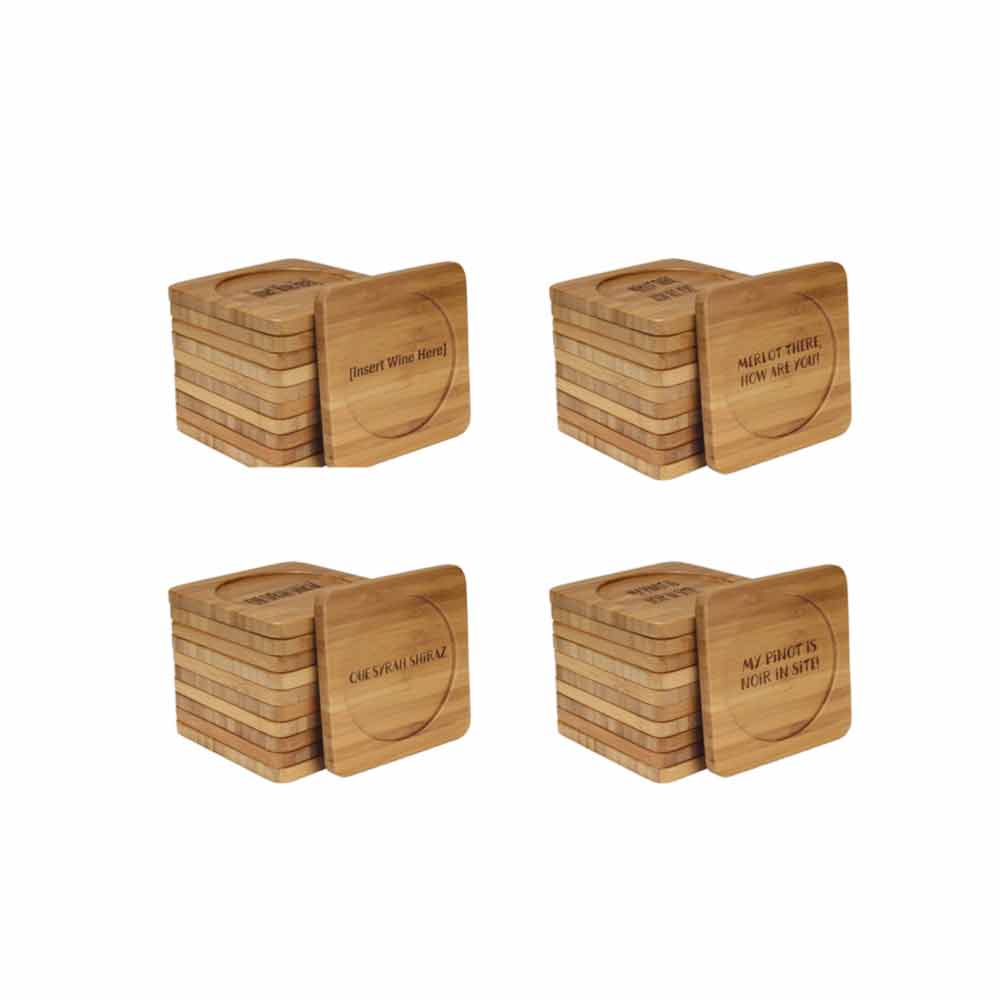 Beer and Wine Phrases Square Custom Engraved Bamboo Coaster Set