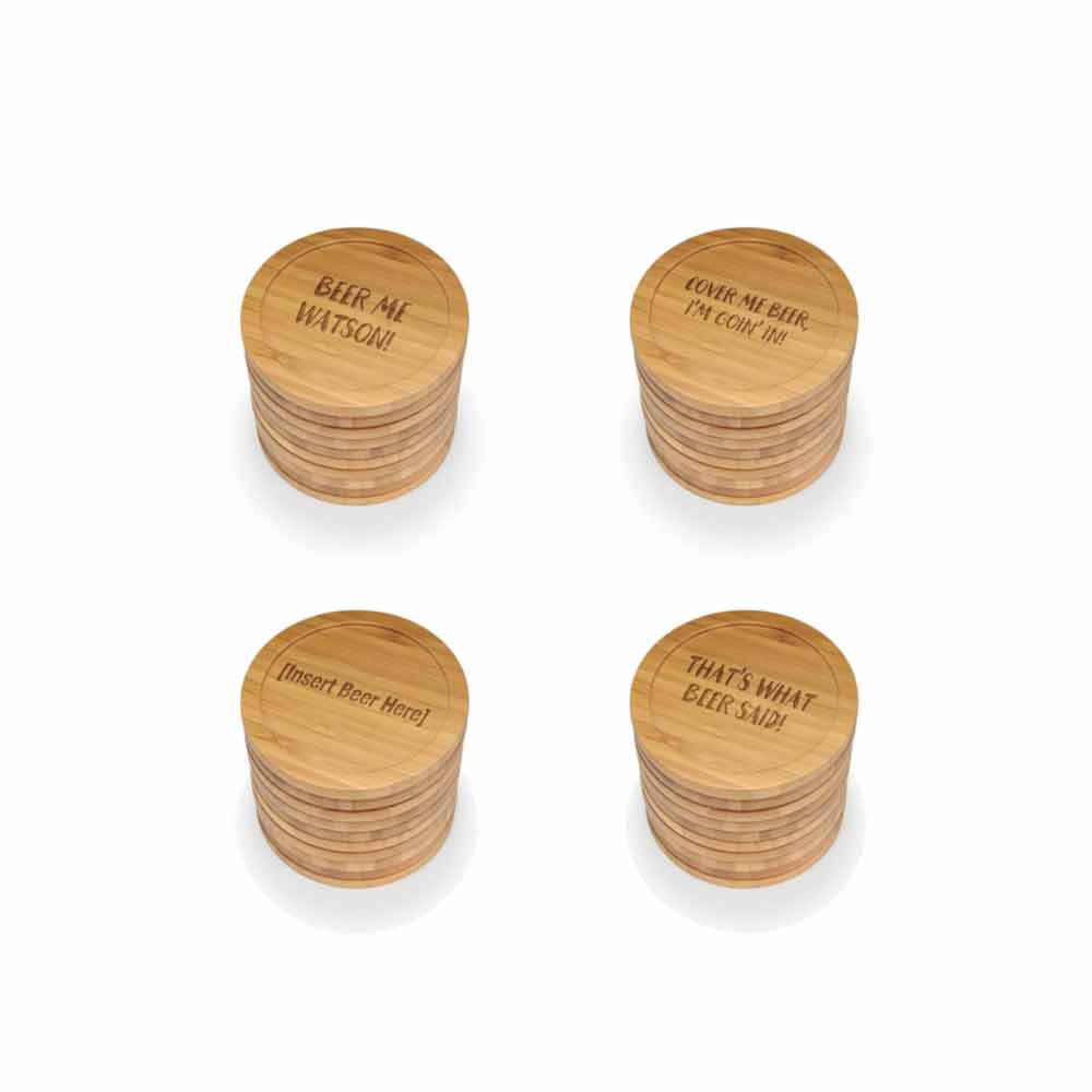 Assorted Laser Engraved Bamboo Coasters - Beer/Wine Themed
