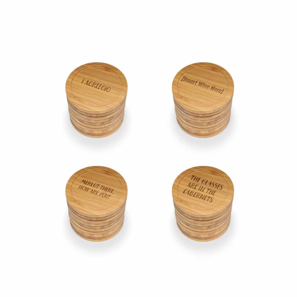 Beer and Wine Phrases Round Custom Engraved Bamboo Coaster Set