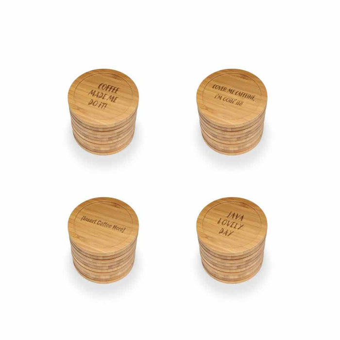 bamboomn Coffee and Tea Phrases Round Custom Engraved Bamboo Coaster Set