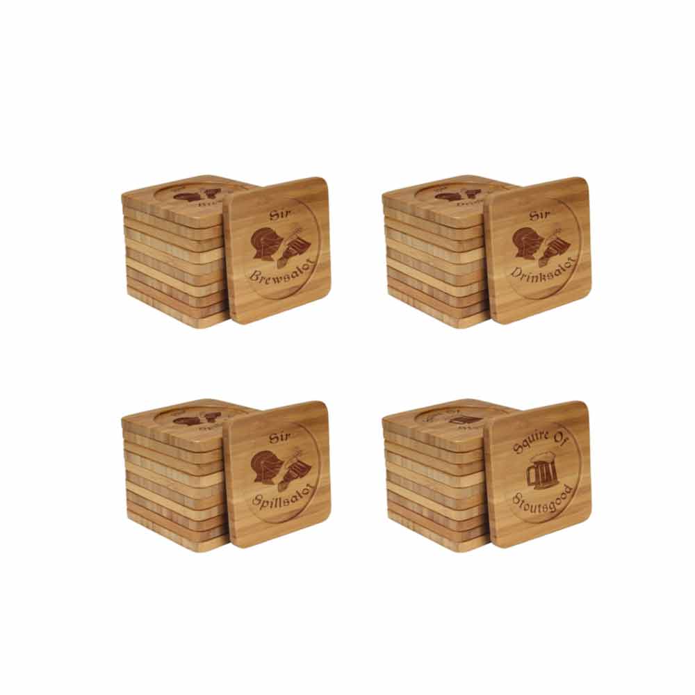 Dark Ale Names Square Custom Engraved Bamboo Coaster Set