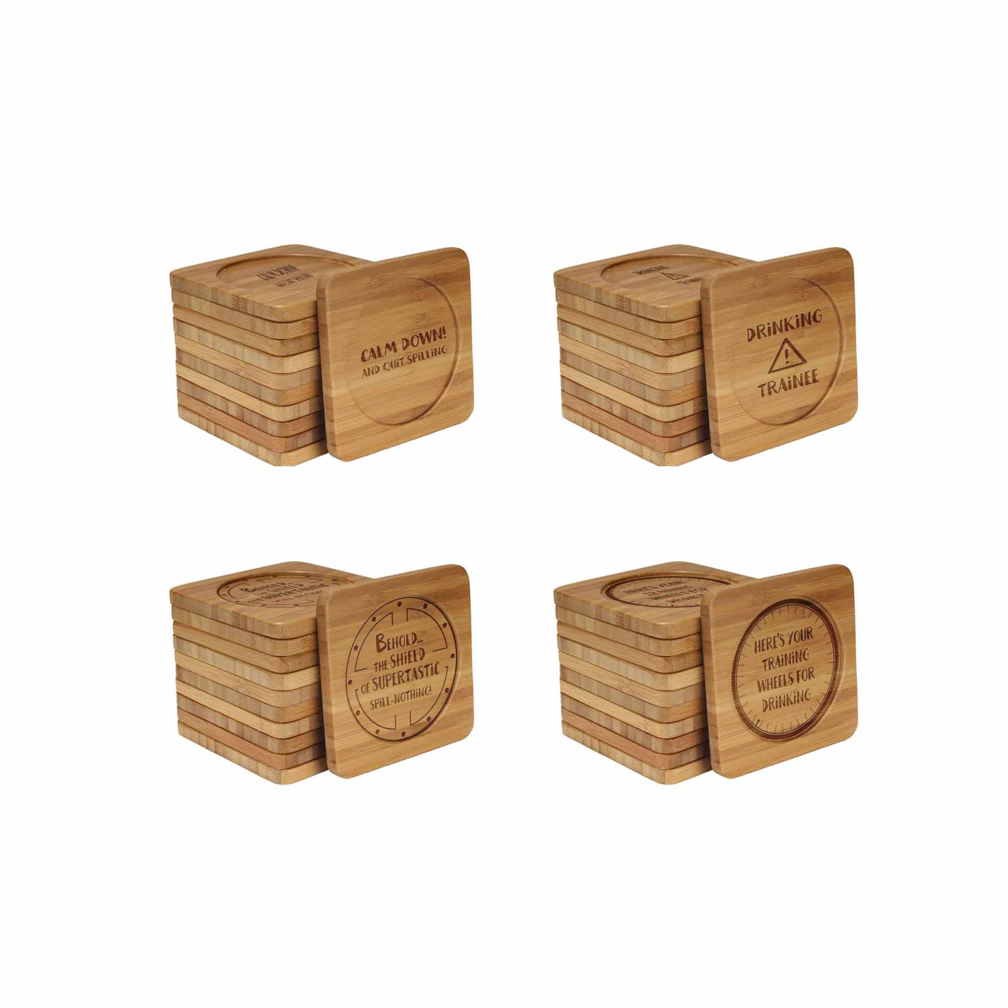Assorted Laser Engraved Bamboo Coasters - Simple Phrases - Square