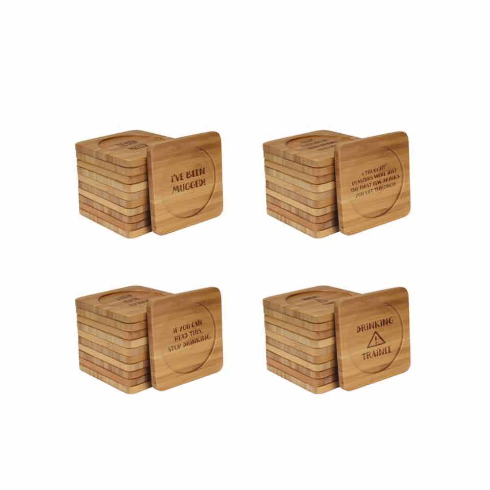 Simple Phrases Square Custom Engraved Bamboo Coaster Set