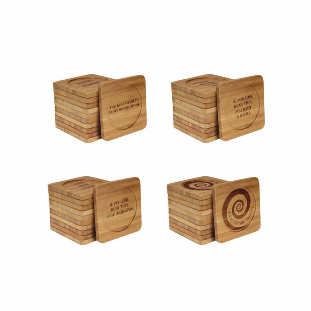 Simple Phrases Square Custom Engraved Bamboo Coaster Set