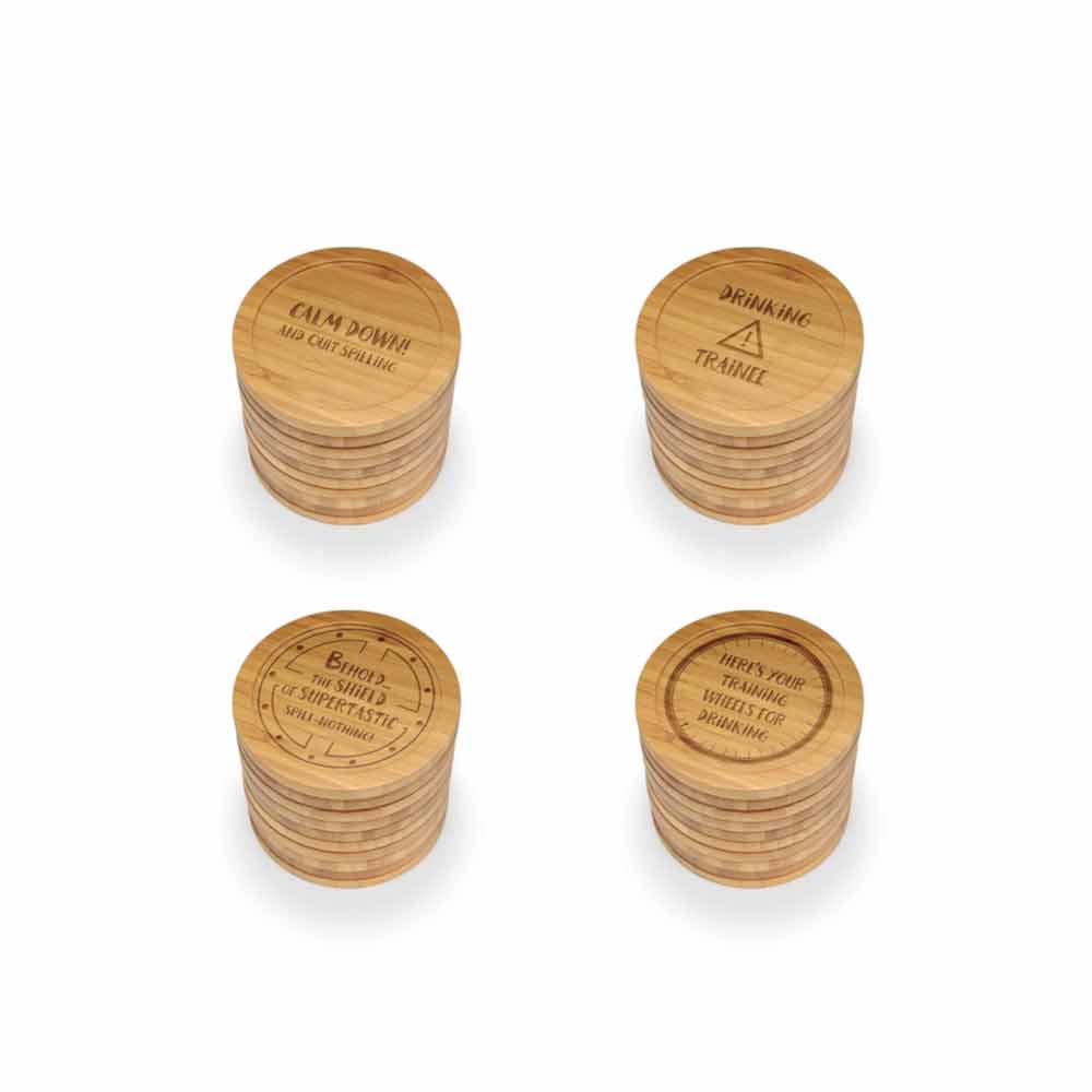 Assorted Laser Engraved Bamboo Coasters - Simple Phrases