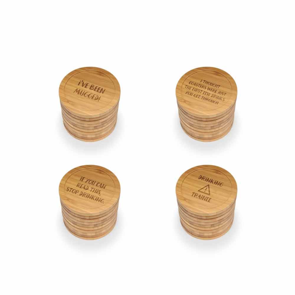 Simple Phrases Round Custom Engraved Bamboo Coaster Set