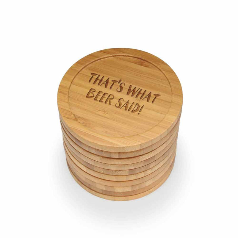 Beer and Wine Phrases Round Custom Engraved Bamboo Coaster Set
