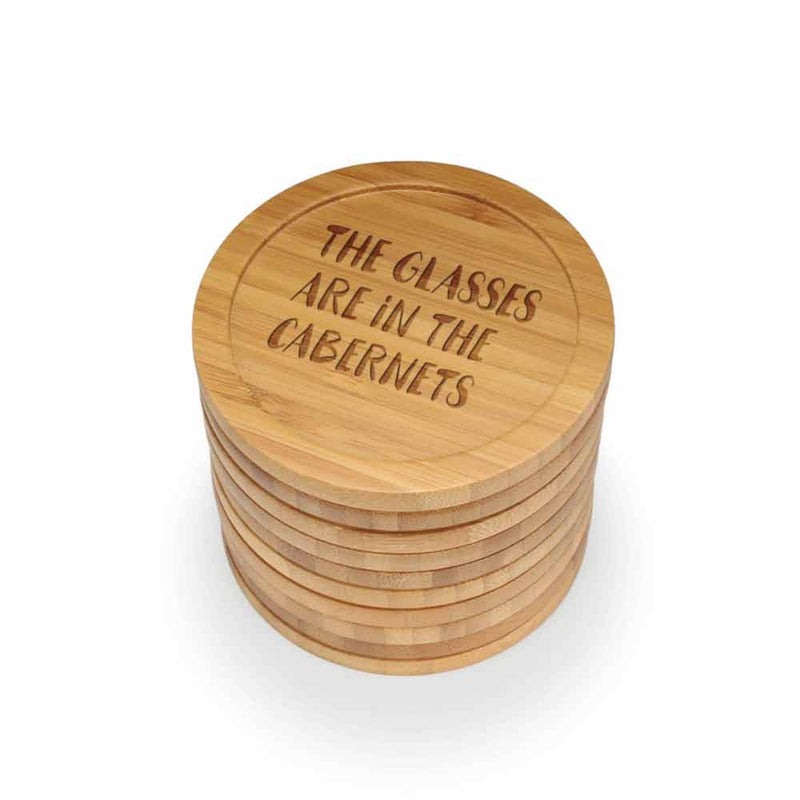 Beer and Wine Phrases Round Custom Engraved Bamboo Coaster Set