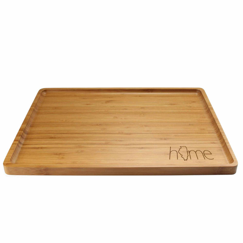Engraved Bamboo Serving Tray - Home w/ State - Style 2  - Large - Illinois