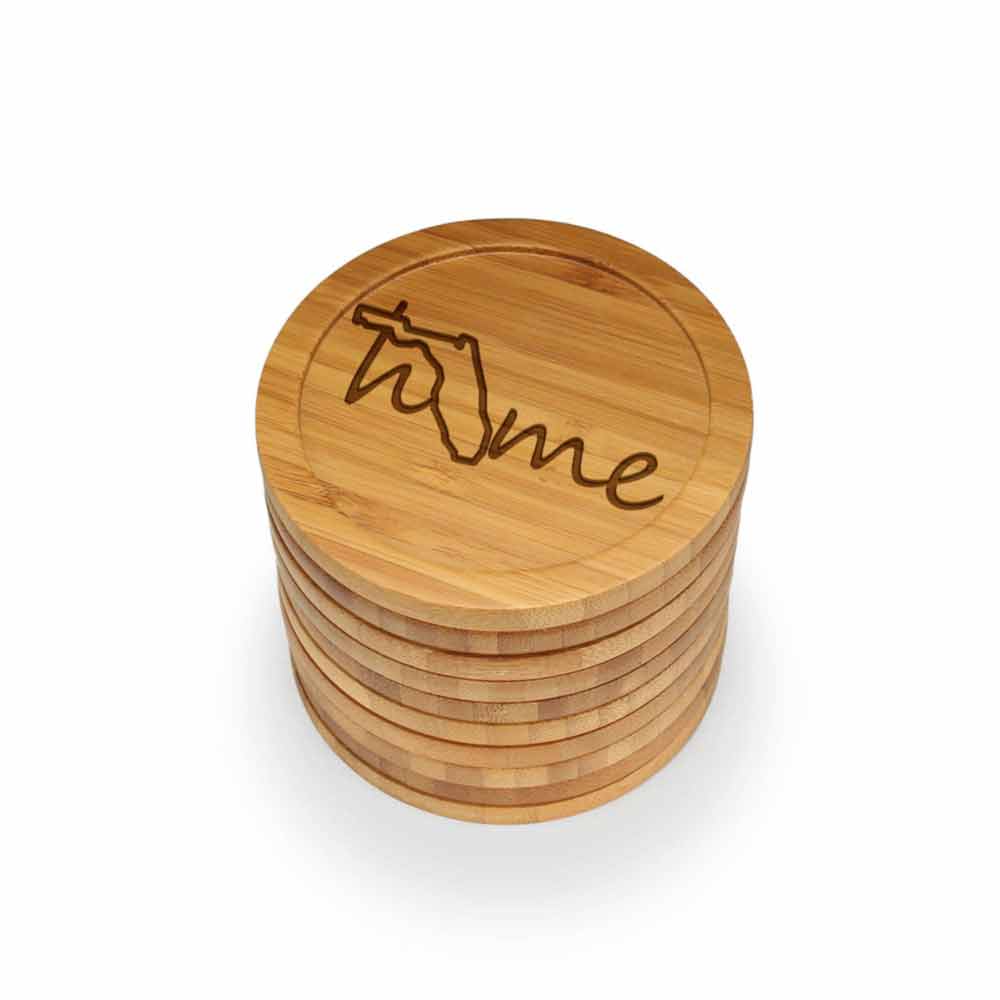 Home with State Style 1 Round Custom Engraved Bamboo Coaster Set