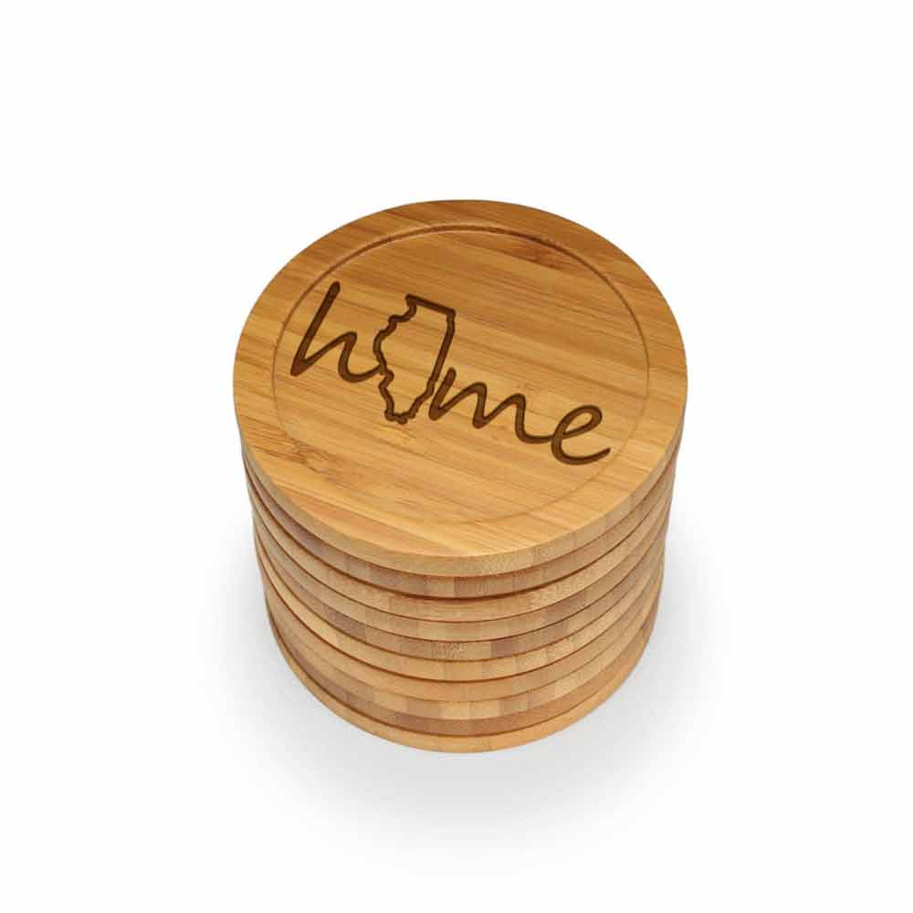 Home with State Style 1 Round Custom Engraved Bamboo Coaster Set