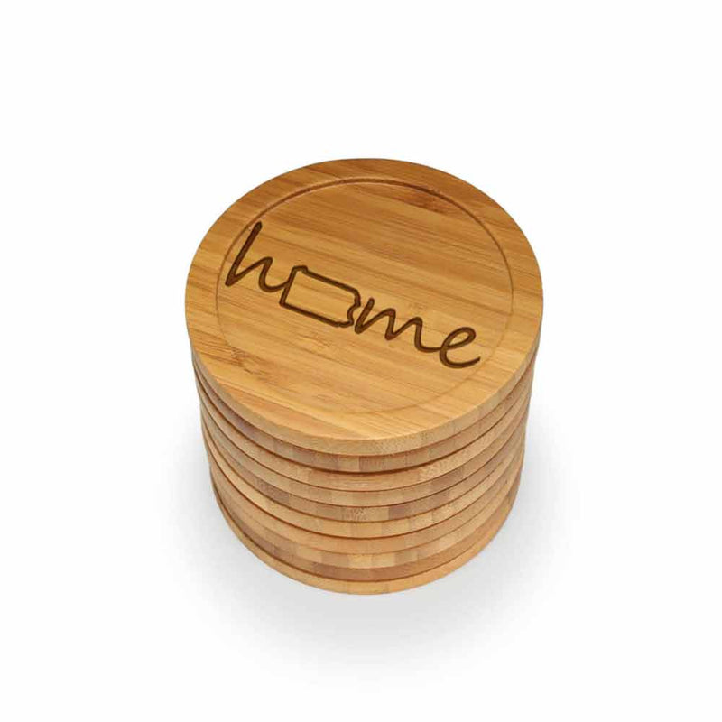 Home with State Style 1 Round Custom Engraved Bamboo Coaster Set