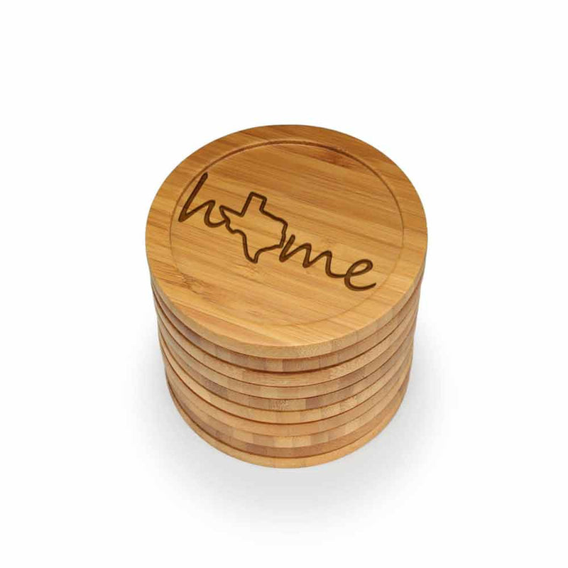 Home with State Style 1 Round Custom Engraved Bamboo Coaster Set