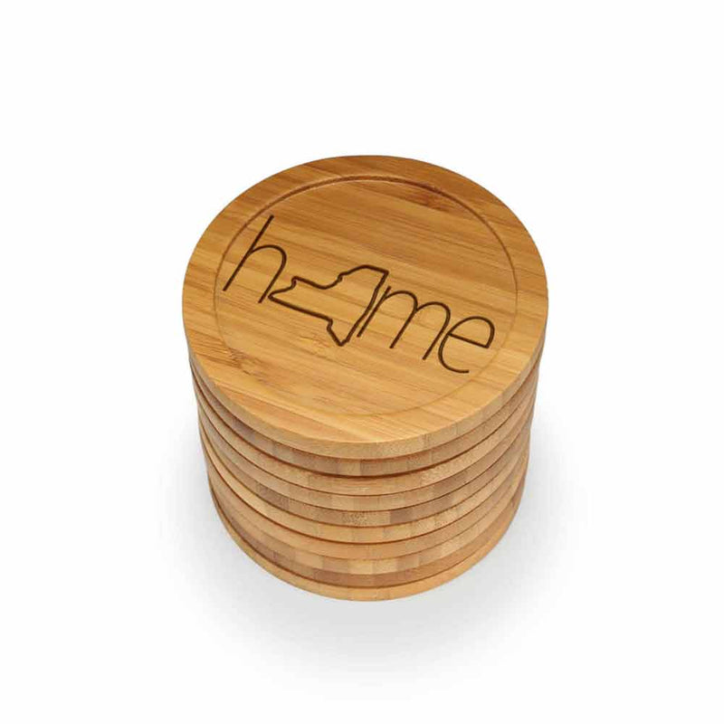 Home with State Style 2 Round Custom Engraved Bamboo Coaster Set
