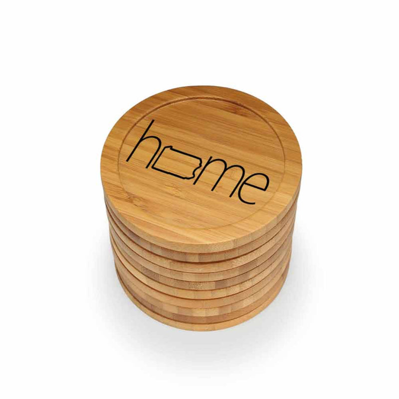 Home with State Style 2 Round Custom Engraved Bamboo Coaster Set