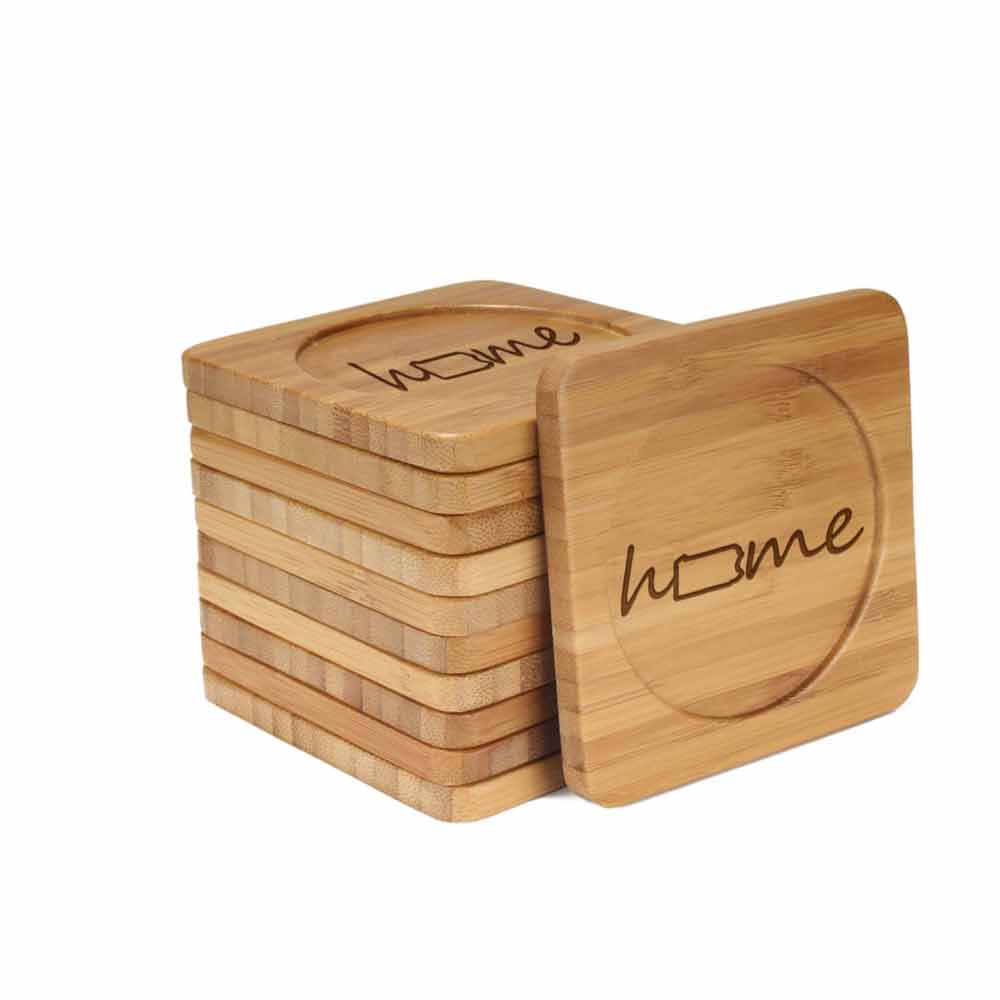 Home with State Style 1 Square Custom Engraved Bamboo Coaster Set