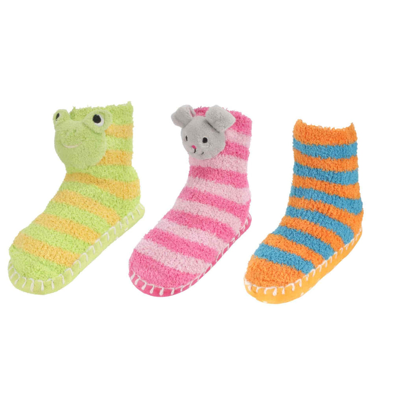 Kids Fuzzy Animal Slippers with Non Slip Slipper Grippers - 3 Pairs