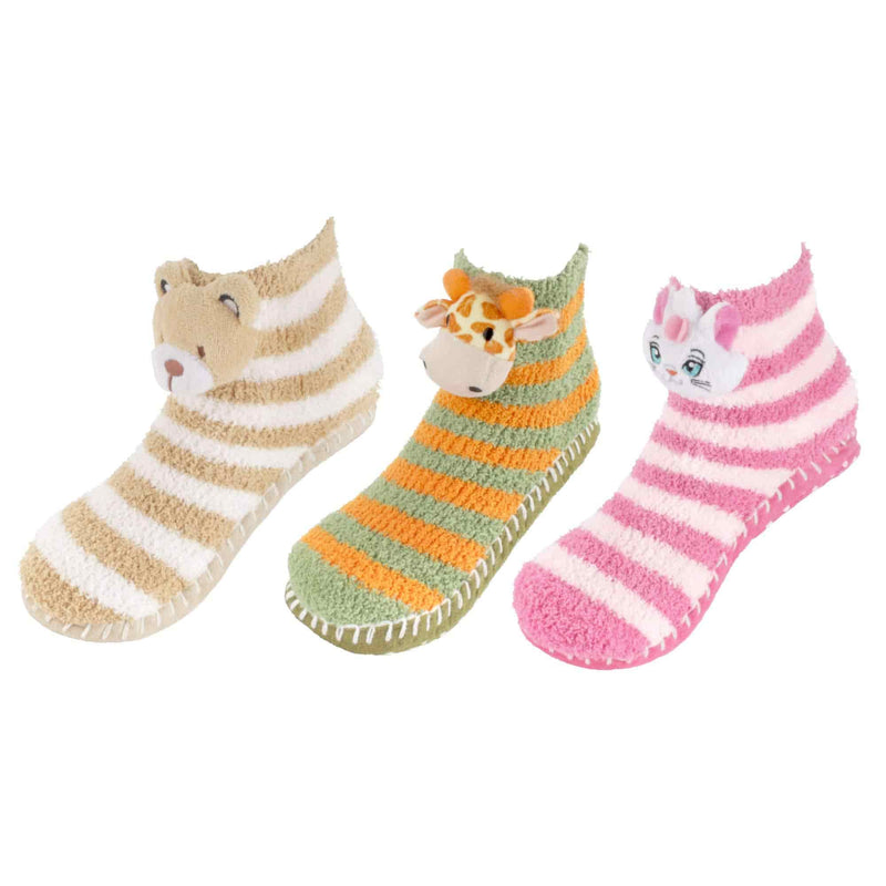 Fuzzy Animal Slippers for Women with Non Slip Slipper Grippers - 3 Pairs