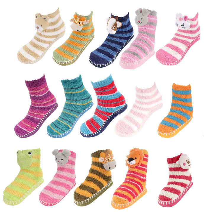 bamboomn Kids Fuzzy Animal Non-Slip Slippers: 3 Pairs