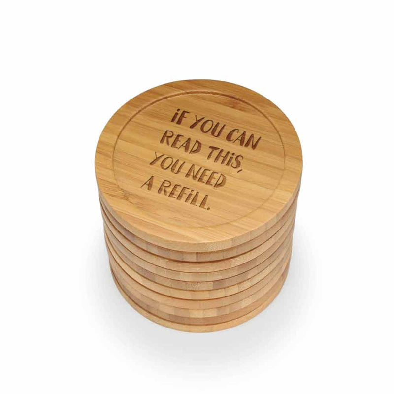 Simple Phrases Round Custom Engraved Bamboo Coaster Set