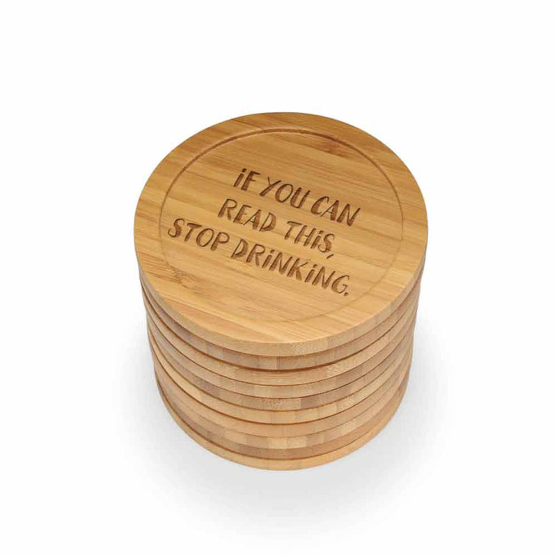 Simple Phrases Round Custom Engraved Bamboo Coaster Set