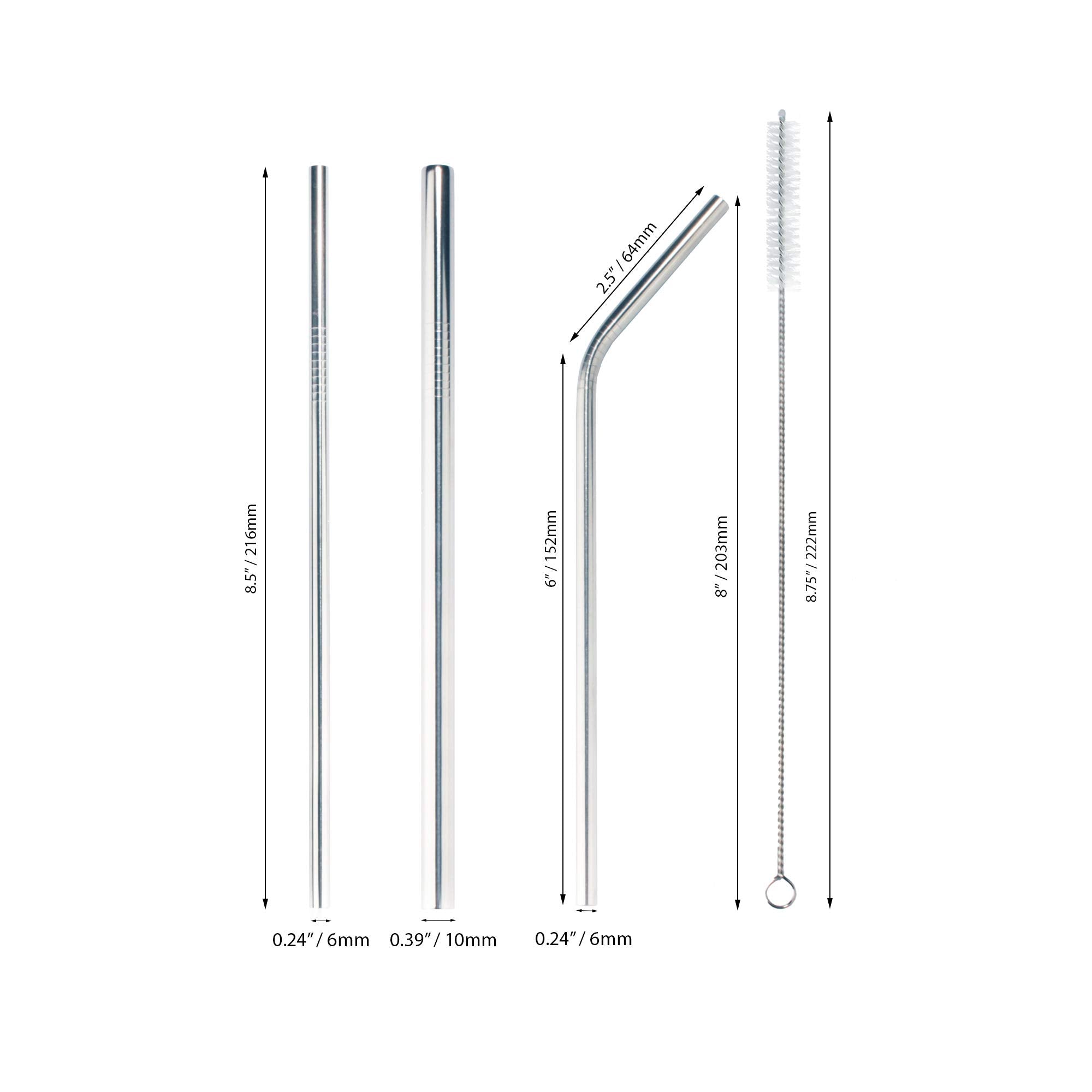 Stainless Steel Reusable Drinking Straw w/ Cleaning Brush Dimensions