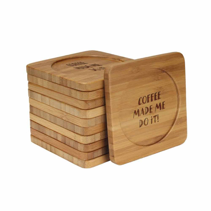 bamboomn Coffee and Tea Phrases Square Custom Engraved Bamboo Coaster Set