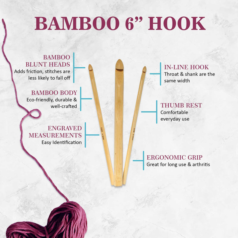 JubileeYarn Bamboo Crochet Hooks Set | 6 (15cm) | 11 Sizes: US C/2 (3mm) -  US N/15 (10mm) | Carbonized Brown