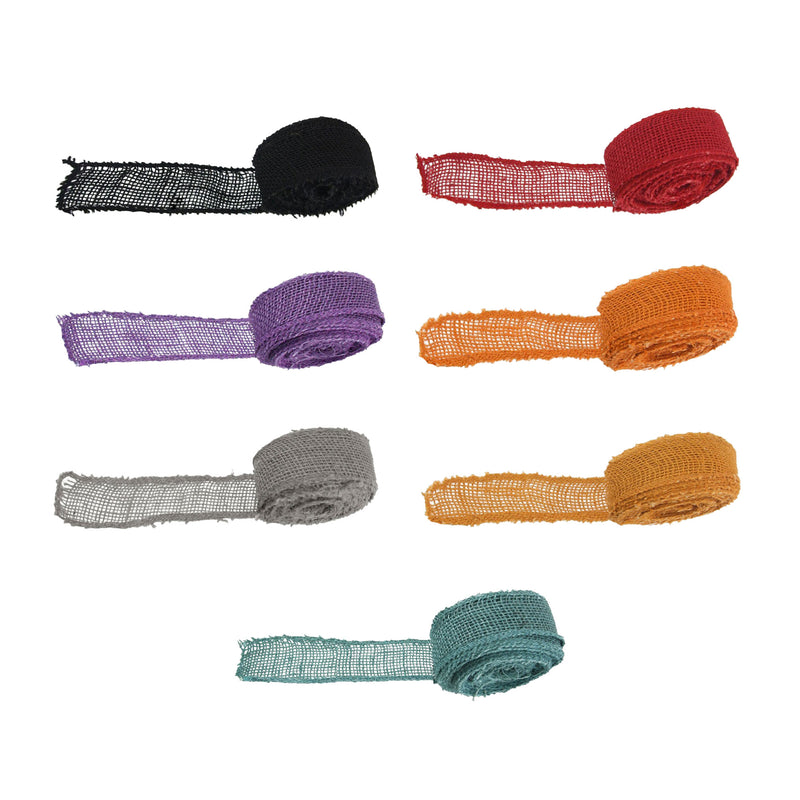 1.5 inch burlap ribbon colors black, cranberry, purple, orange, pumpkin, grey and steel blue