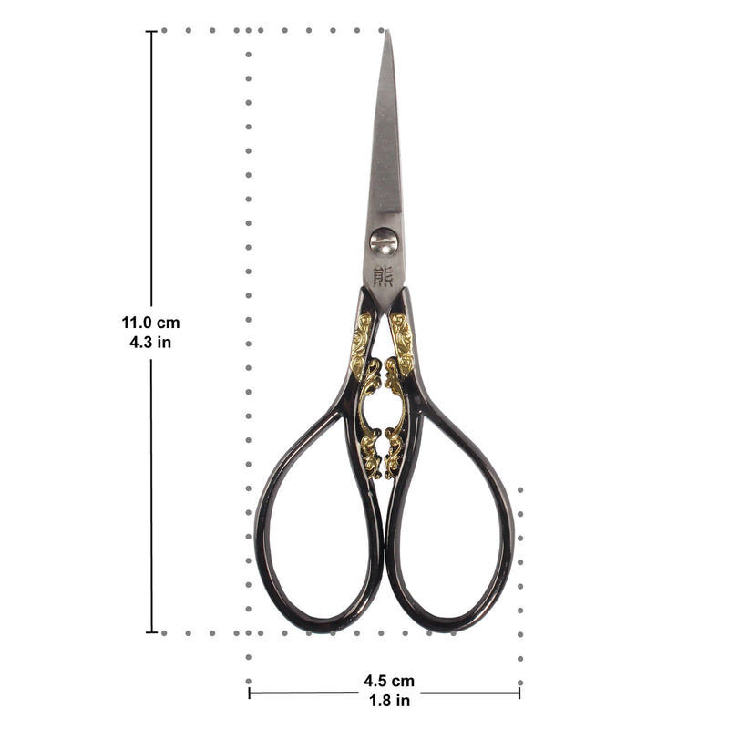 Embroidery Scissors with Decorative Srollwork Motif Handles Dimensions