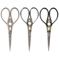 Embroidery Scissors with Decorative Srollwork Motif Handles Black, Brushed Nickel, Silver