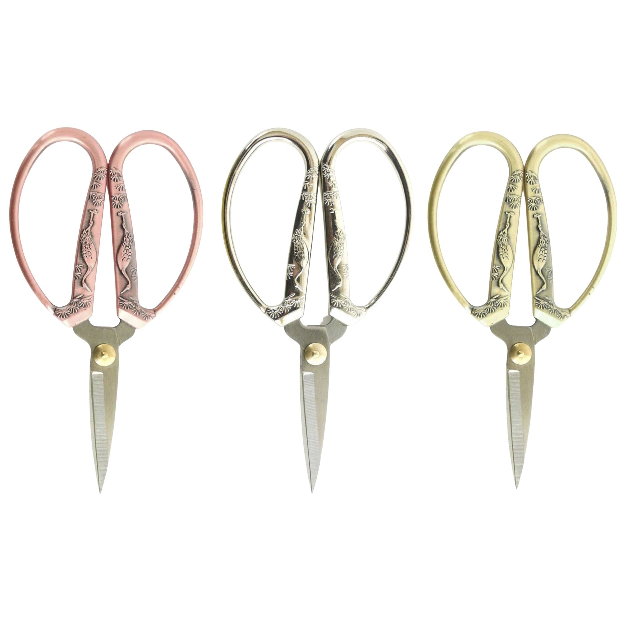 Embroidery Scissors with Decorative Large Crane Motif Handles Bronze, Brushed Nickel, Copper