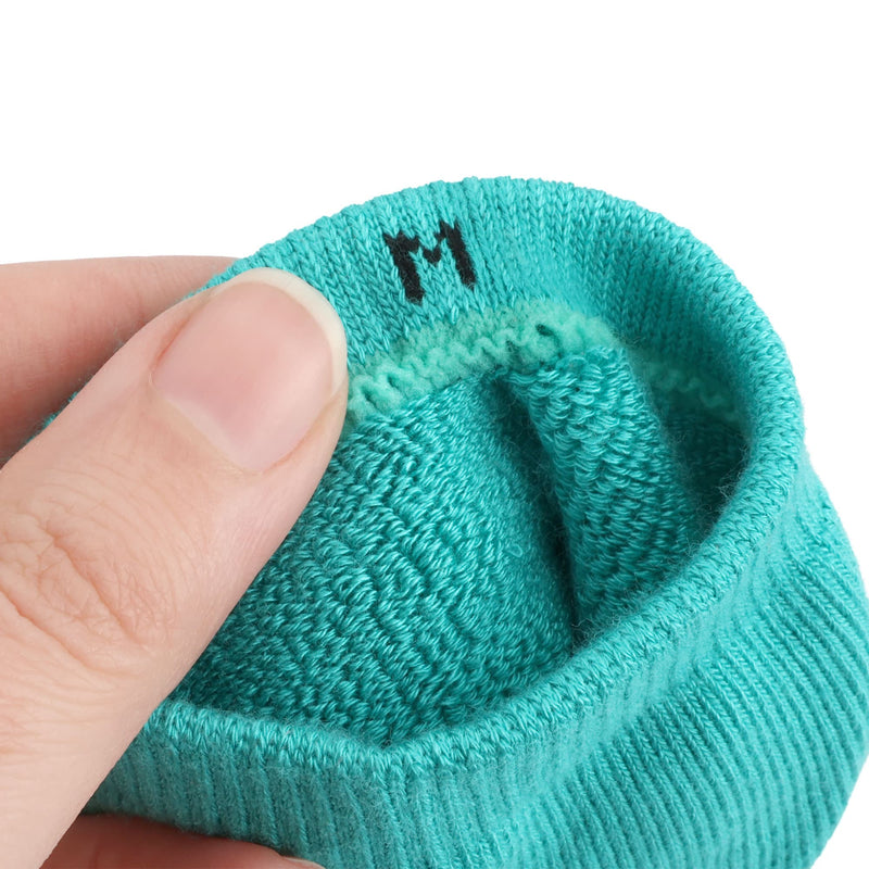 Size label on inside of stretchy cuff of sock