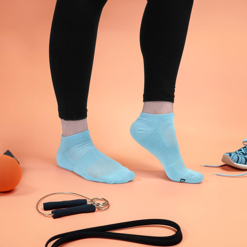 Blue ankle workout socks shown