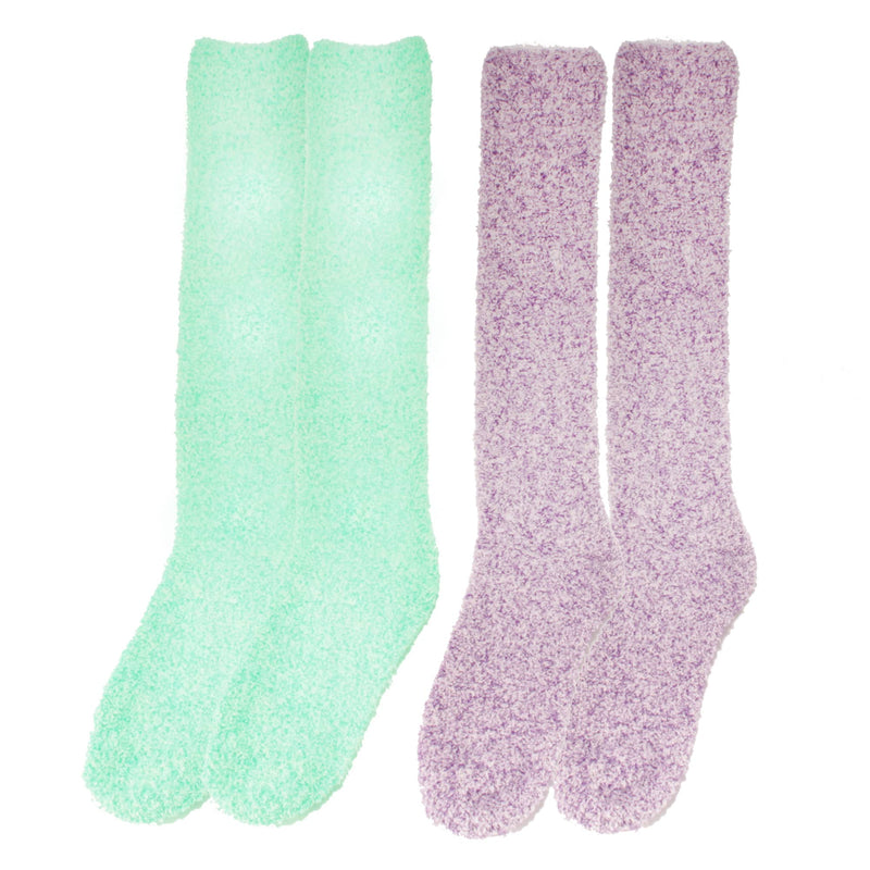 Green and purple fuzzy socks