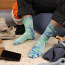 Purple tie dye socks worn