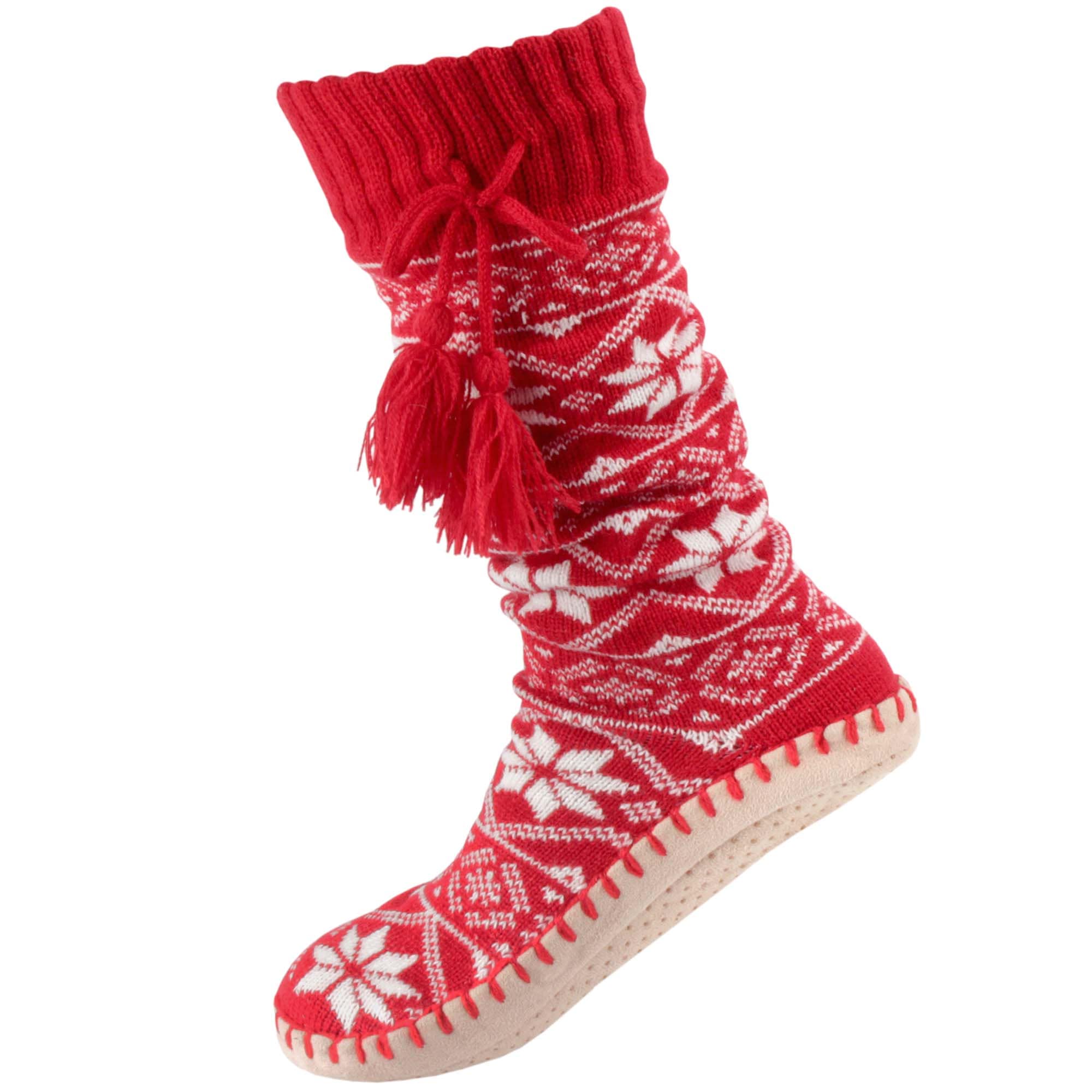 Women's Sherpa Lined Slipper Socks w/ Grippers One Size Burgundy Red/White