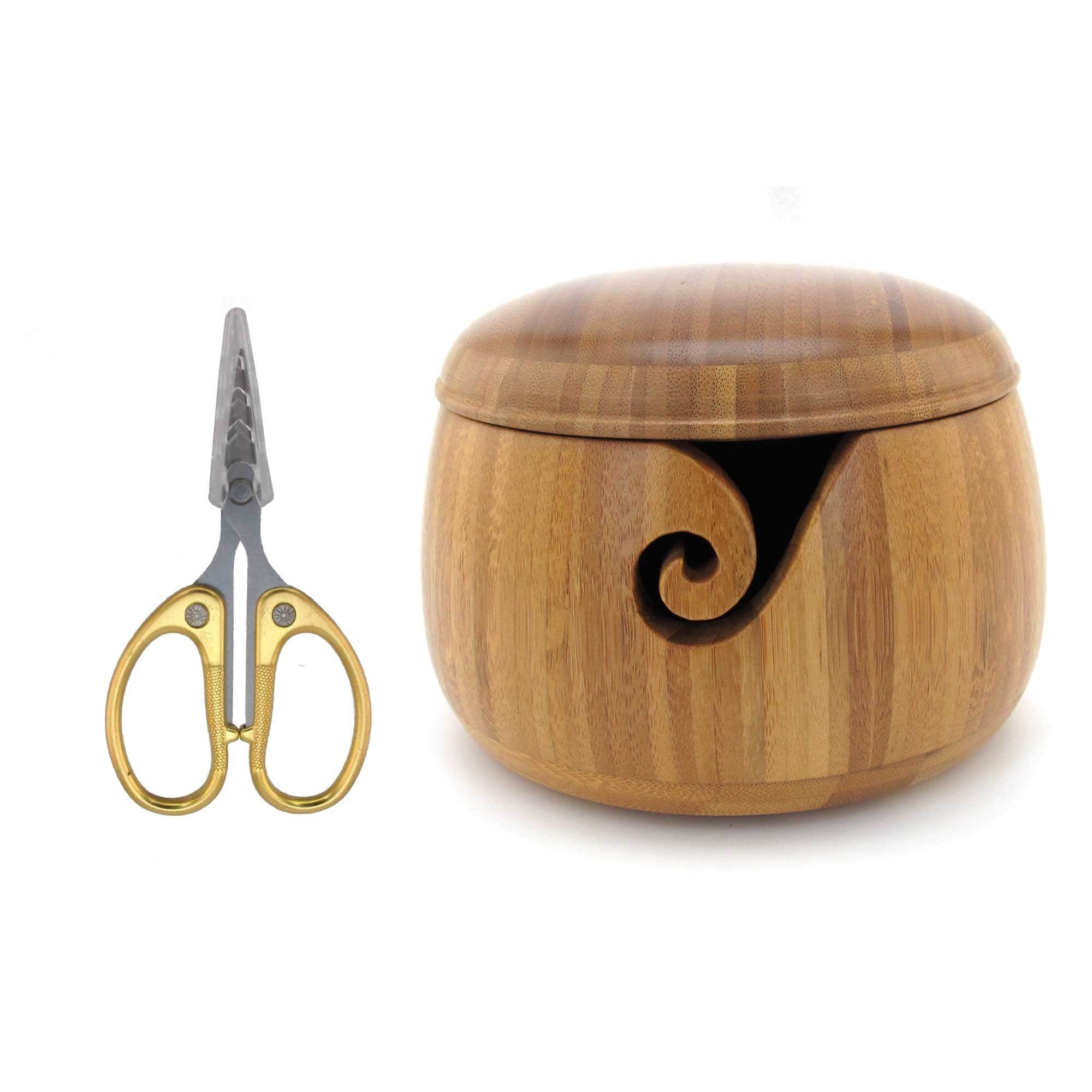 bamboo yarn bowl with gold embroidery scissor
