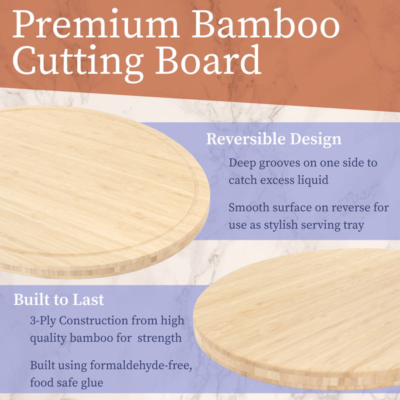 bamboo grooved oval cutting and serving board infographic descriptions