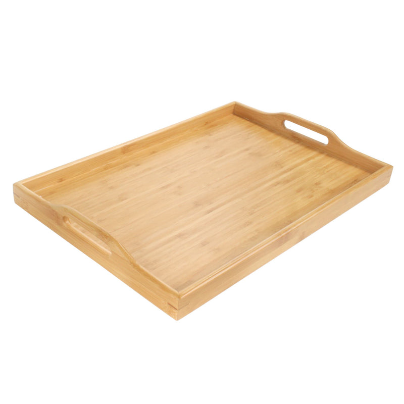 bamboo serving tray with handles angled