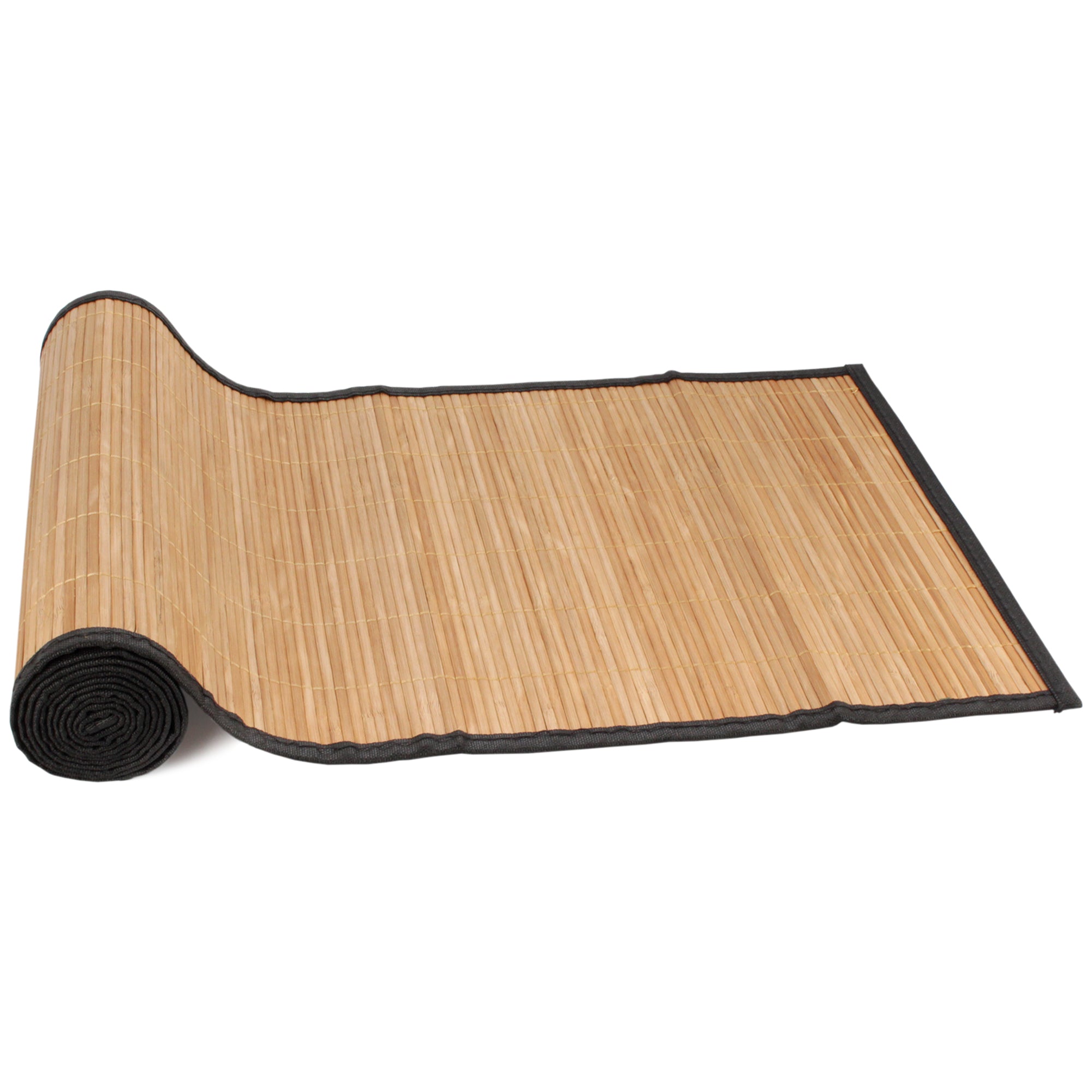 bamboo slat table runner carbonized with black border rolled up