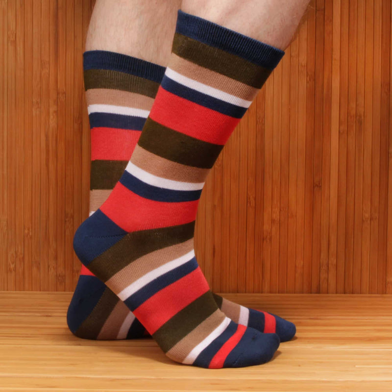 men's tan white brown red and blue bamboo striped crew socks