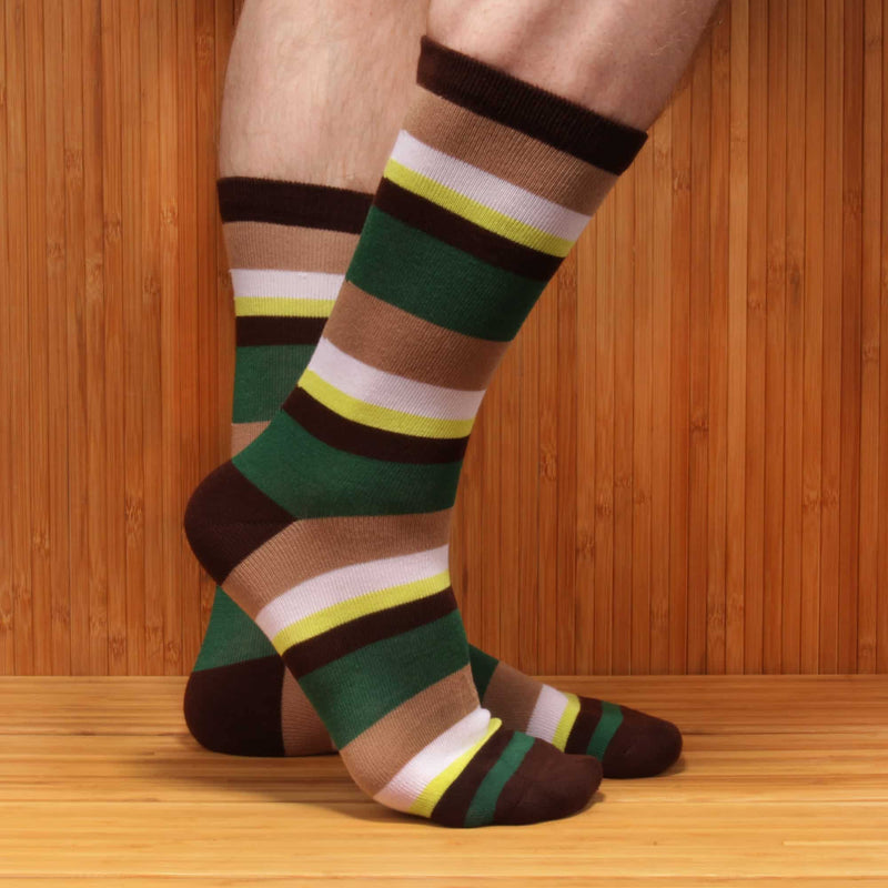 men's tan white brown green and yellow bamboo striped crew socks