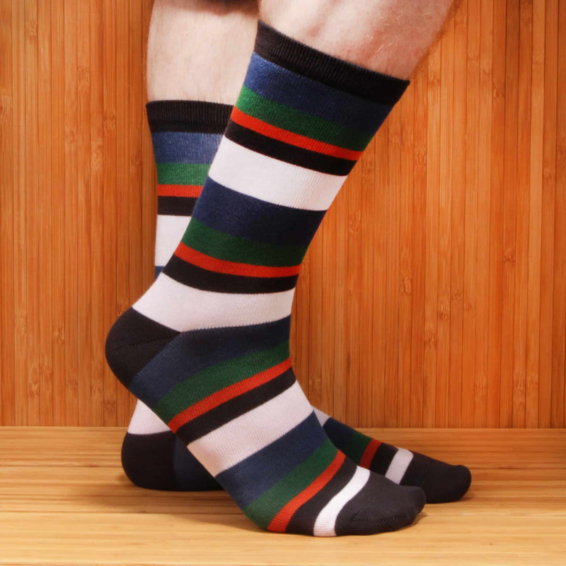 men's black red white and blue bamboo striped crew socks 6 pairs