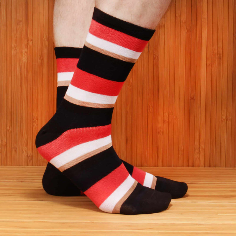 men's black red white and tan bamboo striped crew socks