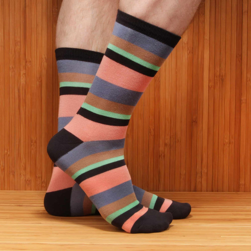 men's black green brown and pink bamboo striped crew socks