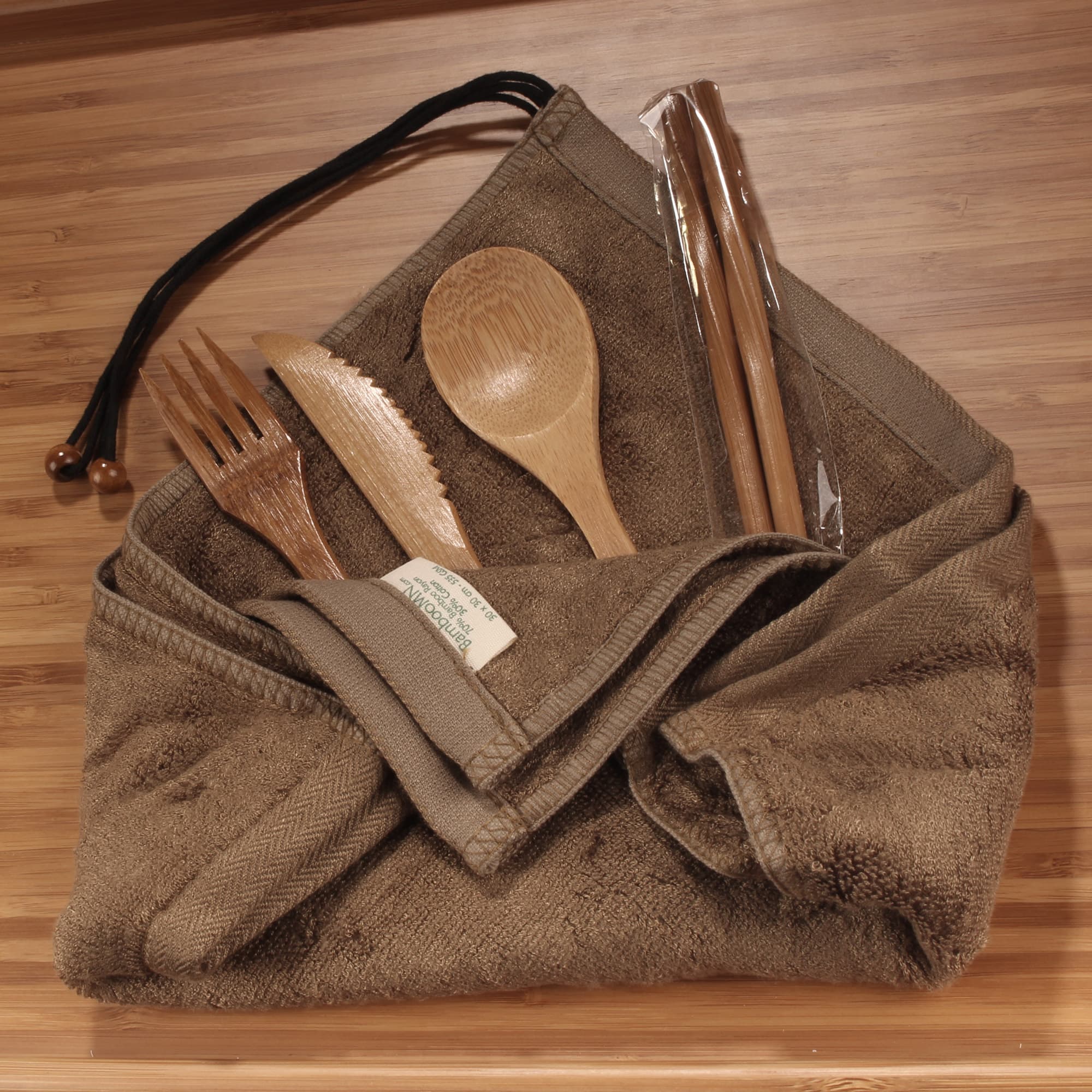 bamboo travel utensils wash cloth set brown coffee