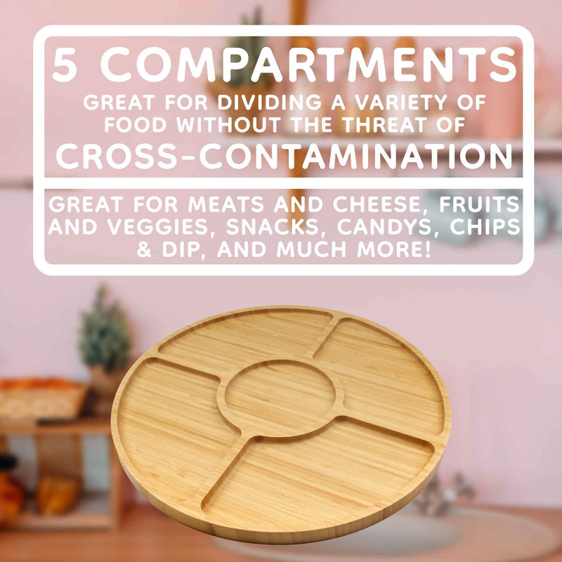 Organic Bamboo Serving Tray - Round - 5 Compartment