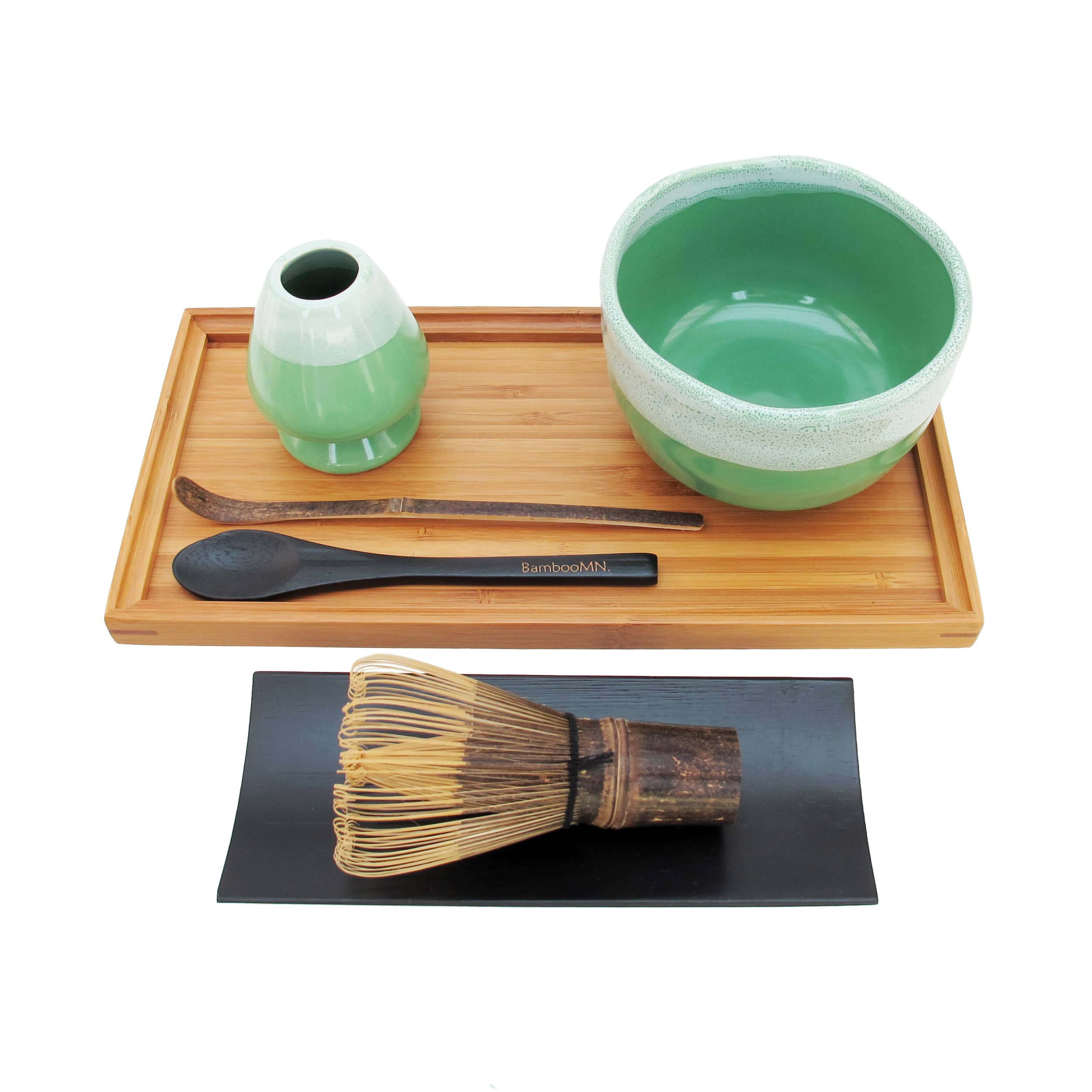 Matcha Bowl Set with Bowl, Rest, Black Tea Whisk, Black Chashaku, Black Tea Spoon, Rest Tray & Tray