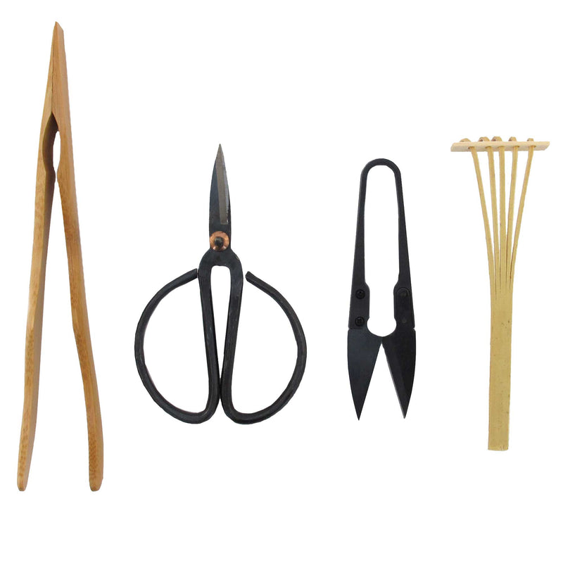 Bonsai Tool Kit - Pruning Shears, Precision Scissors, Bamboo Rake, and Bamboo Branch Holder